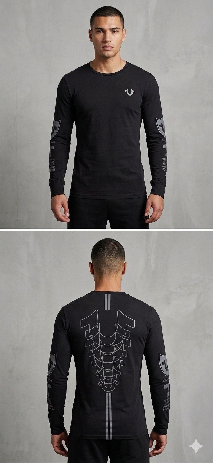$99 TRUE RELIGION Black MOTO PUFF Horseshoe Long Sleeve Designer Graphic T-shirt