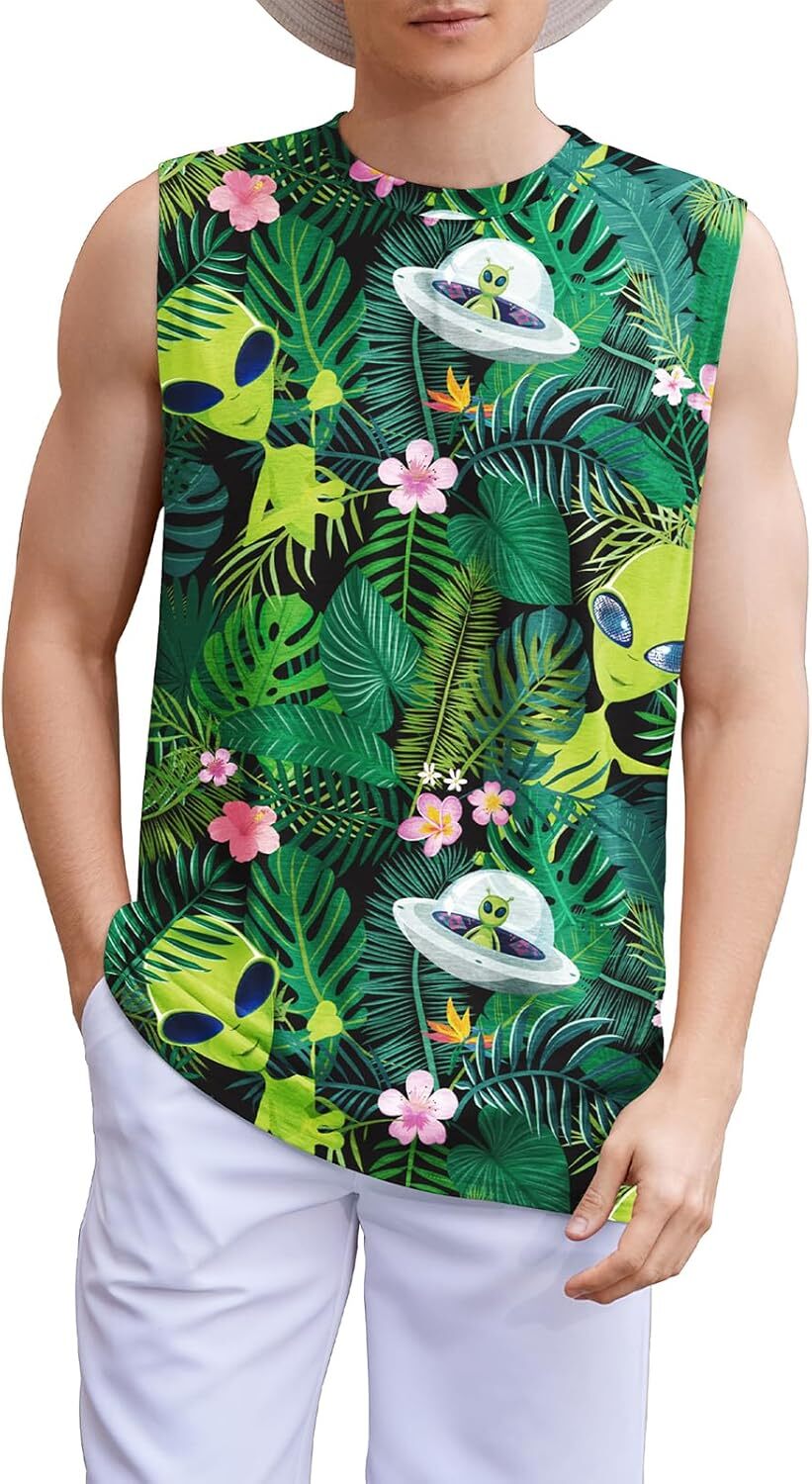 Mens Sleeveless Tank Top Summer Beach Graphic Muscle Tee Shirt Casual Hawaiian