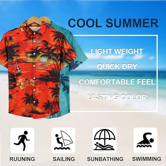 Mens Hawaiian Shirt Floral Palm Tree Sunset Surf Beach Sea Holiday Stag Dance
