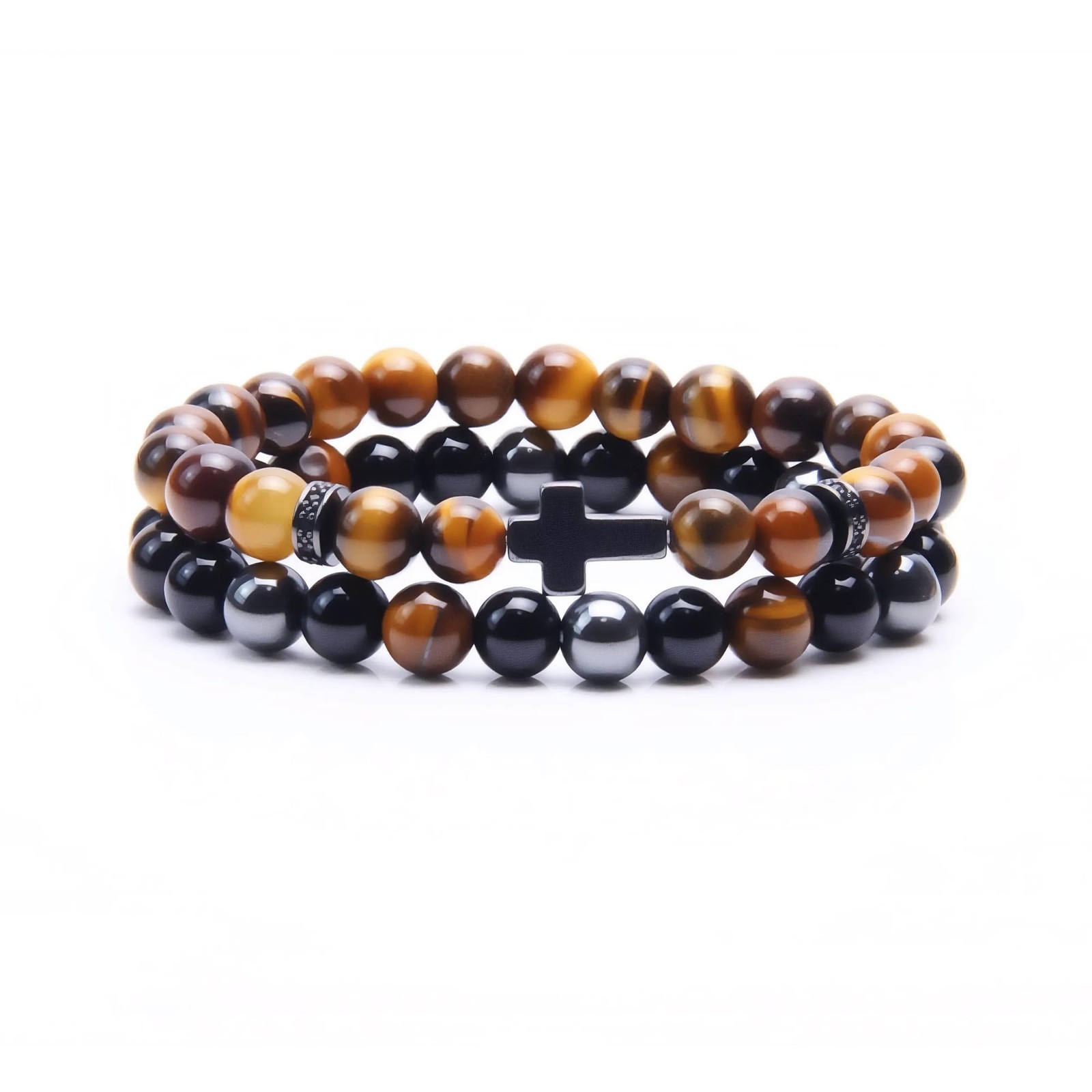 Men’s Triple Protection Beaded Bracelet Set 8MM Black Obsidian Hematite Tiger Ey