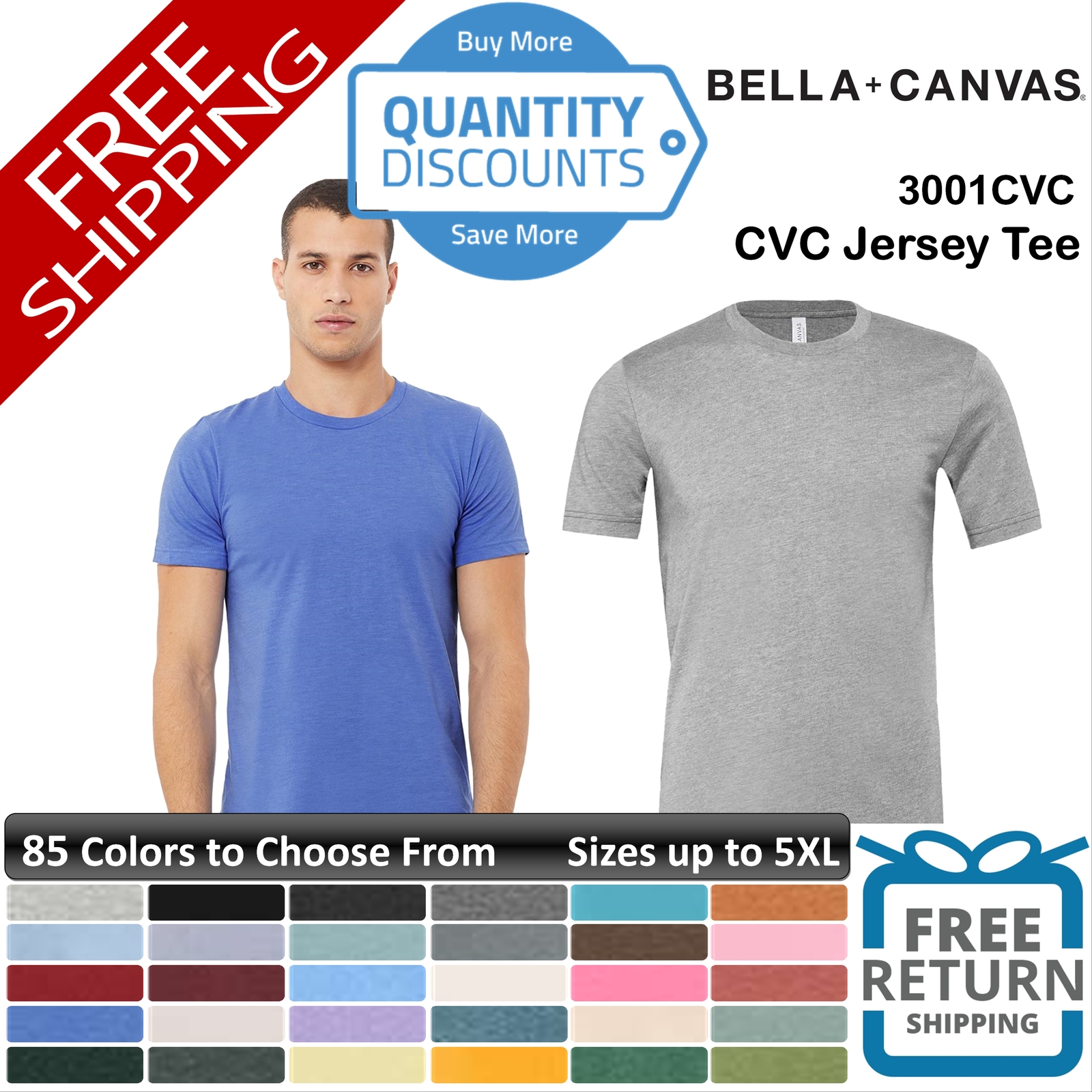 BELLA + CANVAS Men CVC Jersey T Shirt ring-spun cotton Blend Up To 5XL 3001CVCb