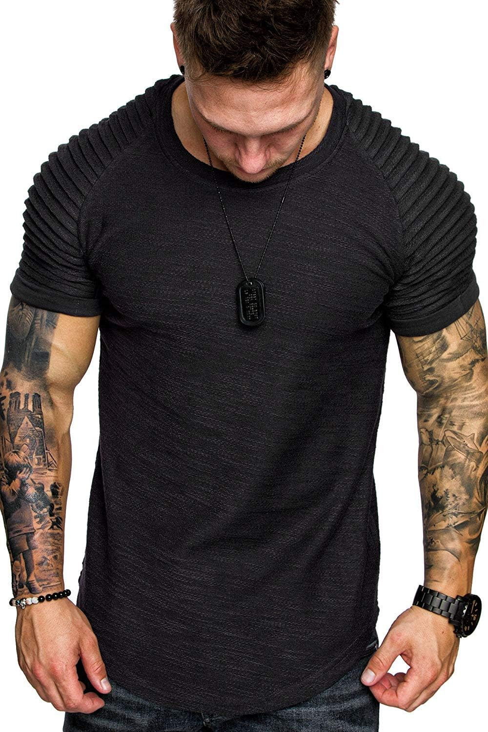 Men’S Muscle T-Shirt Pleated Raglan Sleeve Bodybuilding Gym Tee Short Sleeve Fas