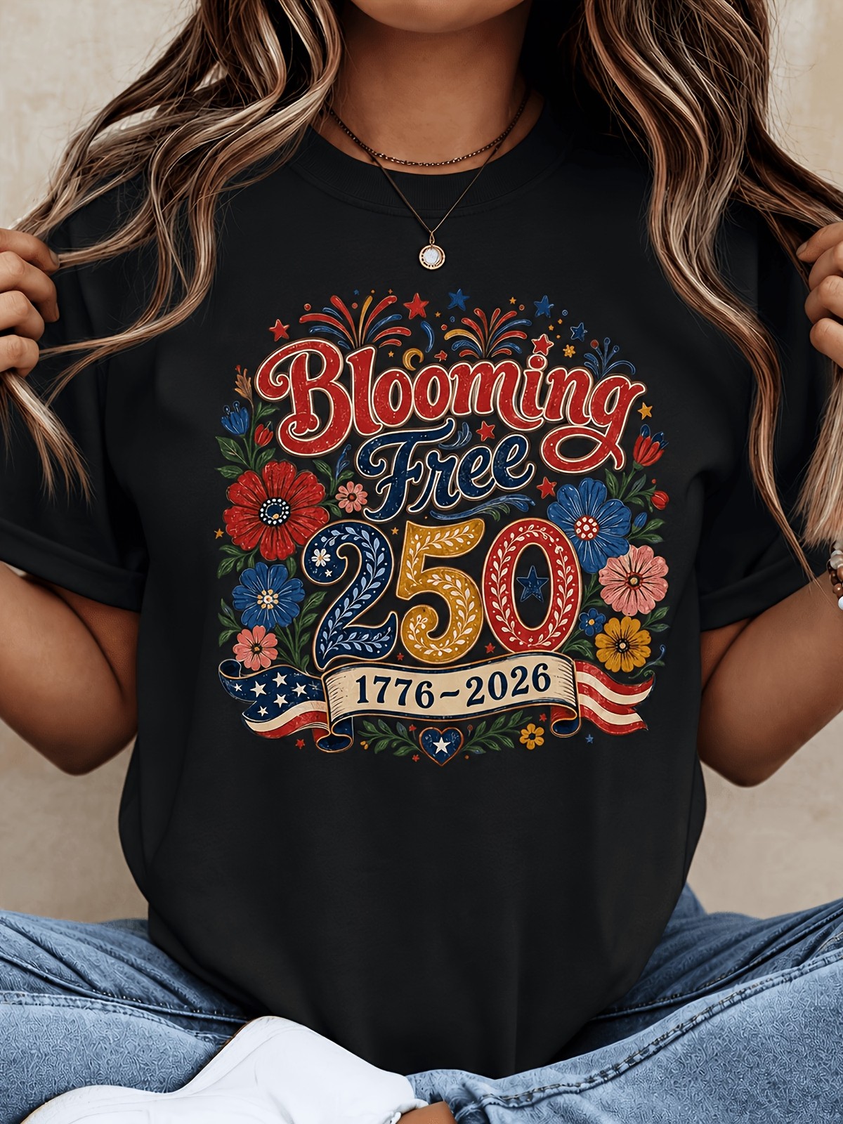 Blooming Free 250 Years T Shirt, Patriotic Flower Ribbon Graphic Tee