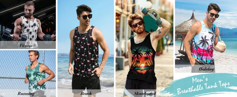 Summer Tank Top Men’s Hawaii Beach Casual Clothing Quick Drying Silk Fit.