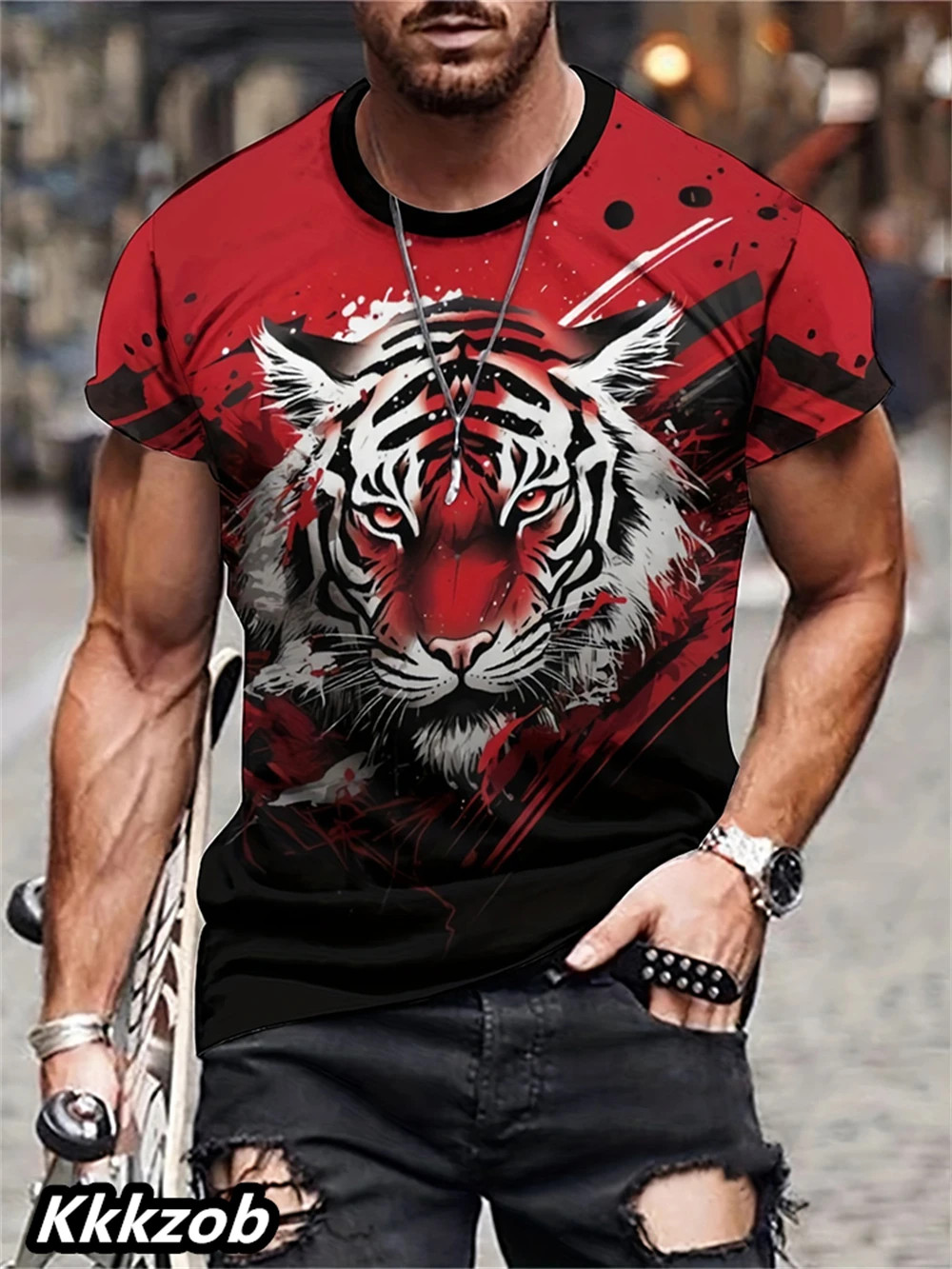 Mens Lion Print Short Sleeve Crew Neck T-Shirt Soft Breathable Casual Wear.