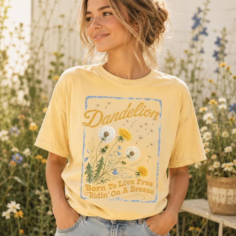 Vintage Dandelion Shirt Born To Live Free Botanical Graphic Tee Boho