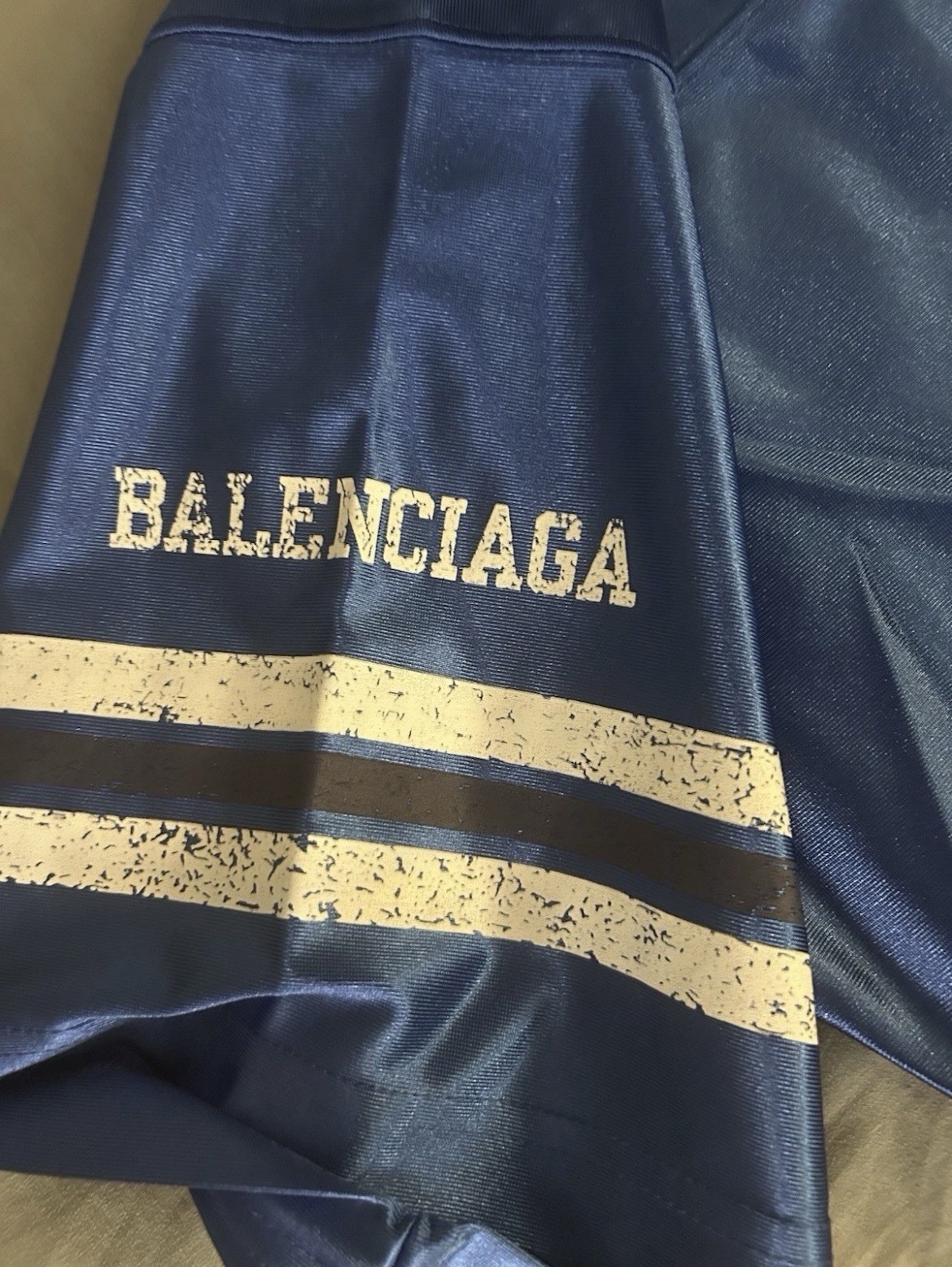 Balenciaga Men’s L Blue/White Logo V-Neck Short Sleeve Satin T-Shirt