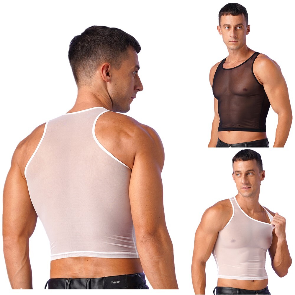 US Men Tank Tops Workout Crop Top See-Through T-shirt Muscle Blouse Mesh Vests