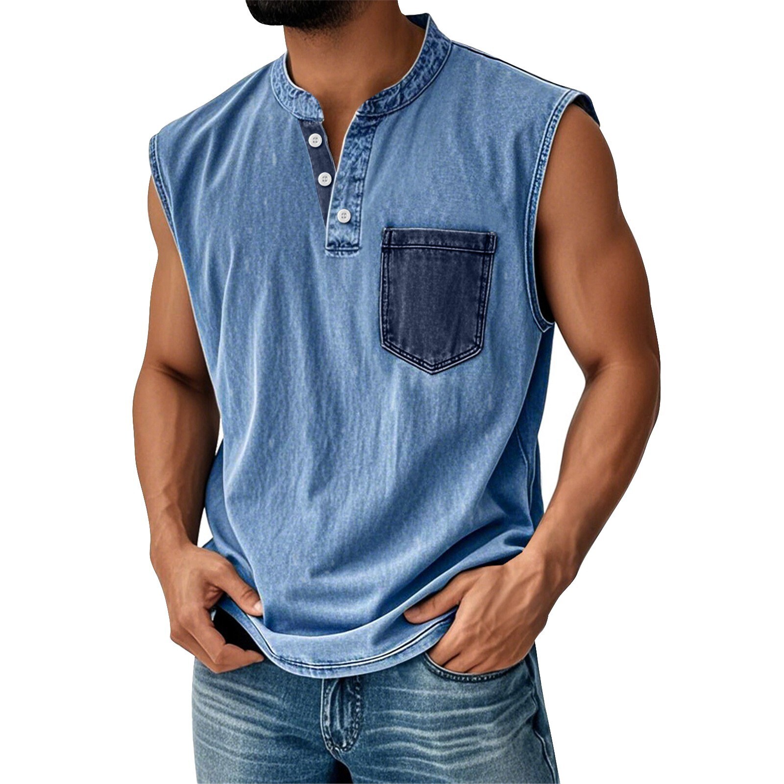 Men Sleeveless Beach Shirts Summer Hawaiian Shirts Casual Button Henley Tank Top