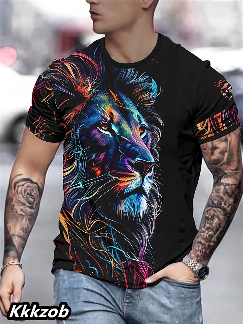 Mens Lion Print Short Sleeve Crew Neck T-Shirt Soft Breathable Casual Wear.