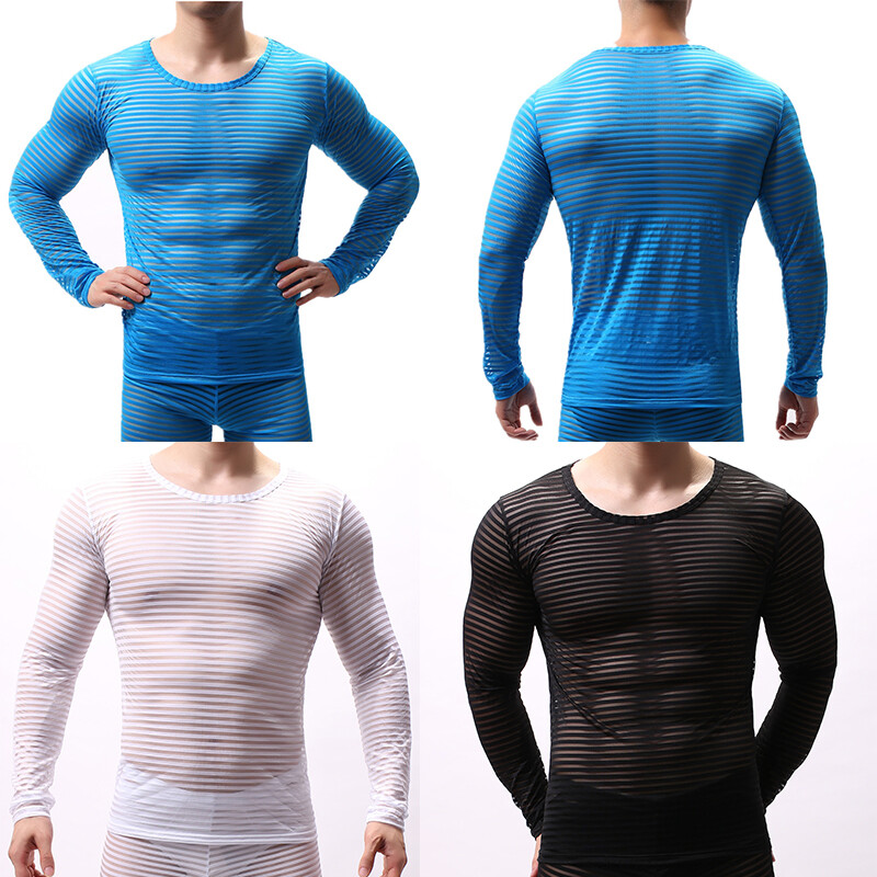 Men See Through Tank Top Striped Sheer Vest Clubwear Muscle T-Shirt Undershirts