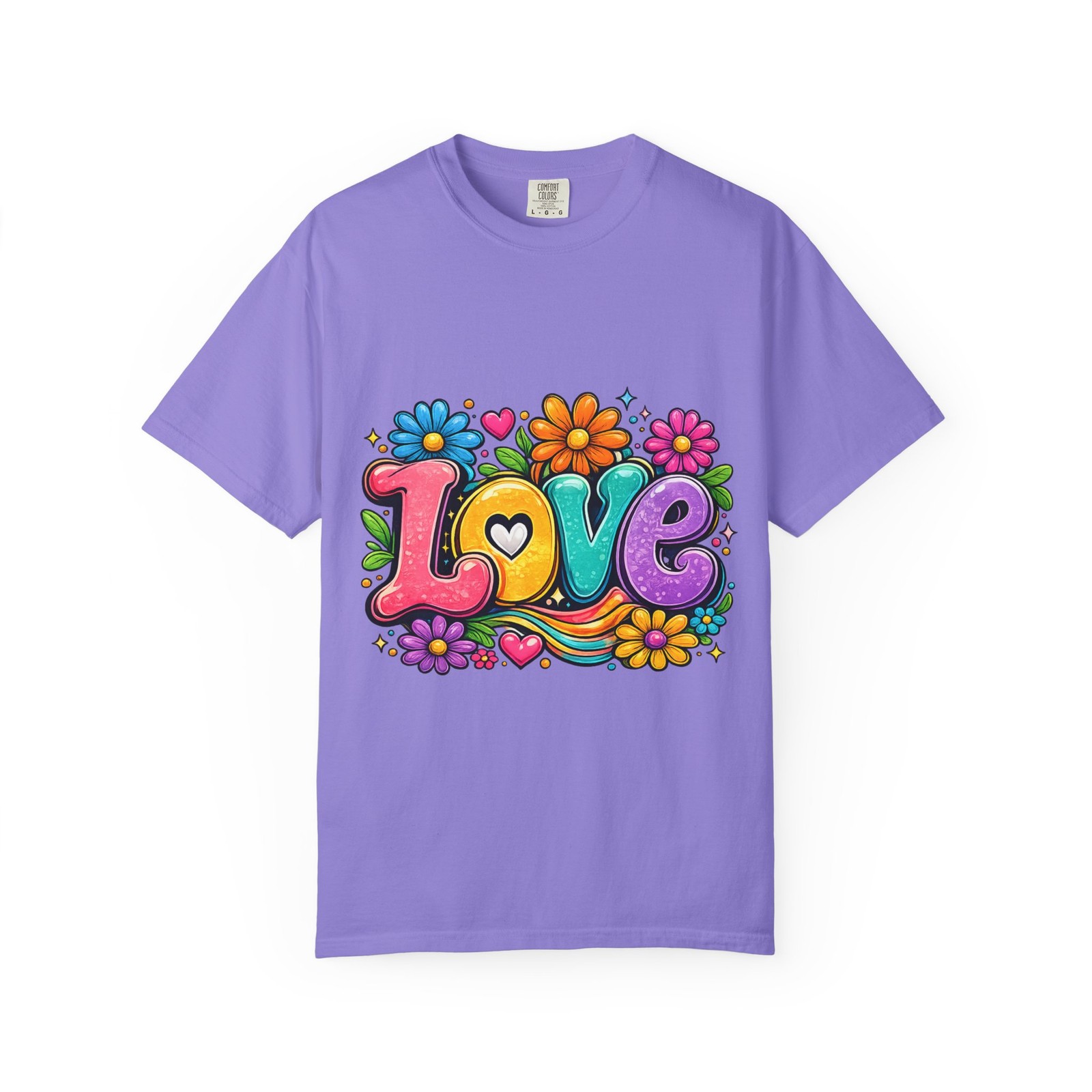 Retro Floral “Love” Design T-shirt | Colorful 70s Heart Typography