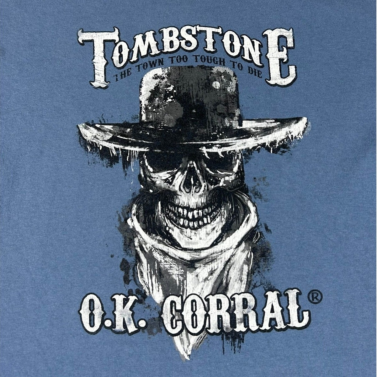 Gildan Tombstone OK Corral Skull Graphic T-Shirt Western Cowboy Tee Blue Mens M