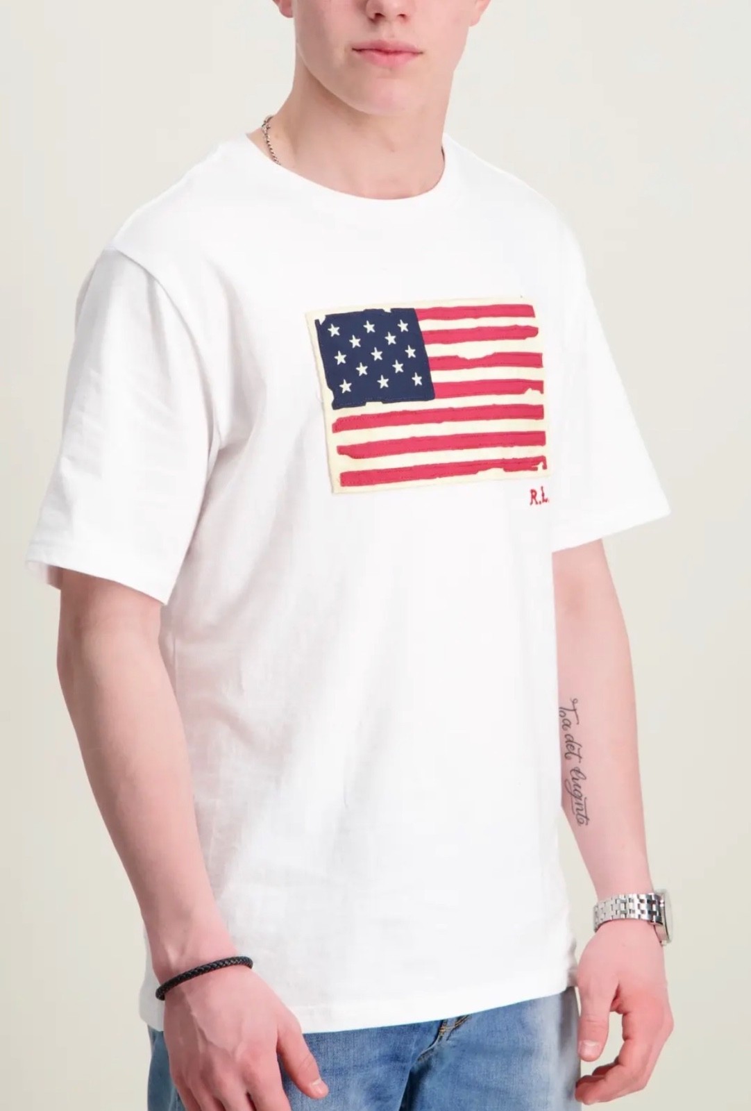 Polo Ralph Lauren White Distressed AMERICAN FLAG Appliqué Short Sleeve T Shirt