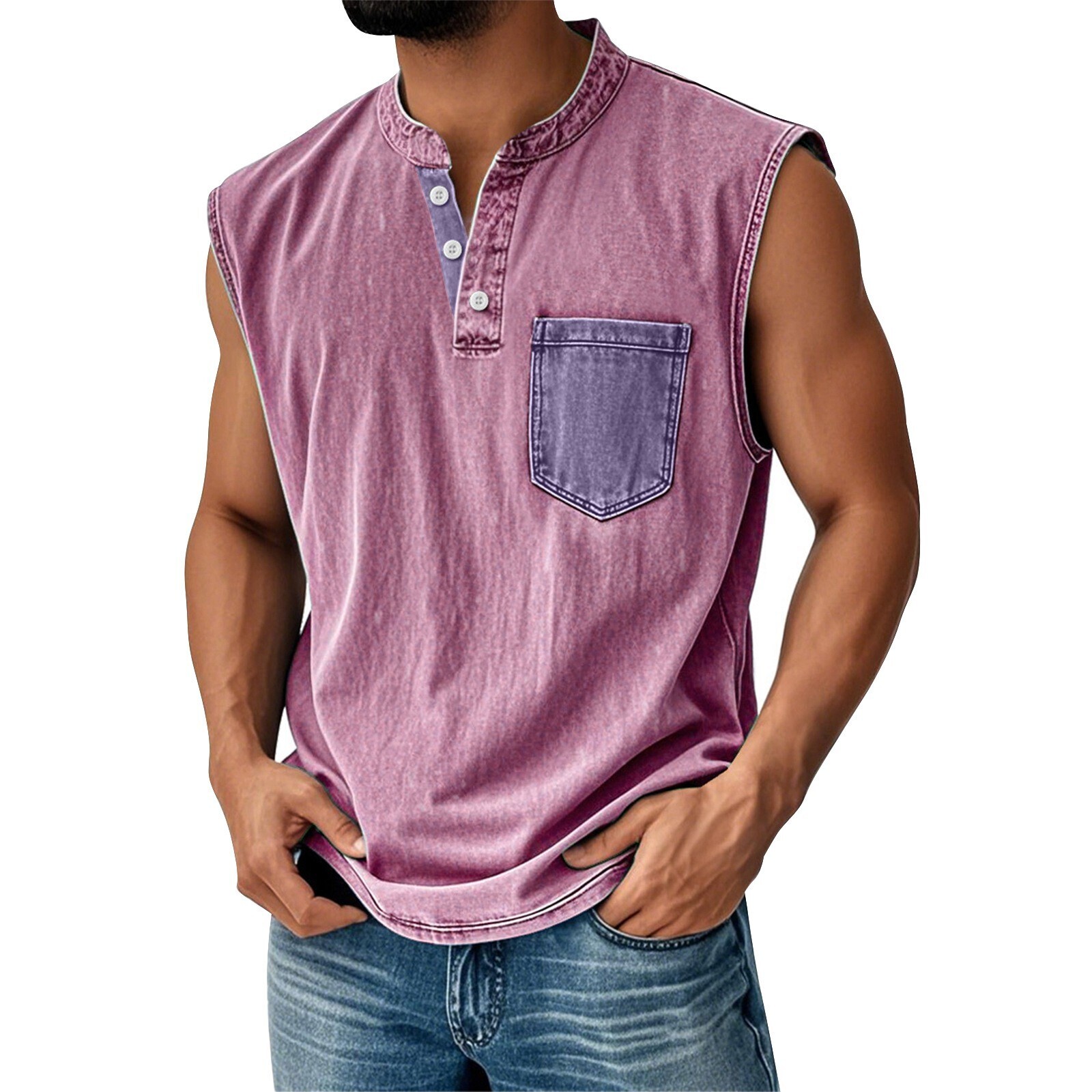 Men Sleeveless Beach Shirts Summer Hawaiian Shirts Casual Button Henley Tank Top
