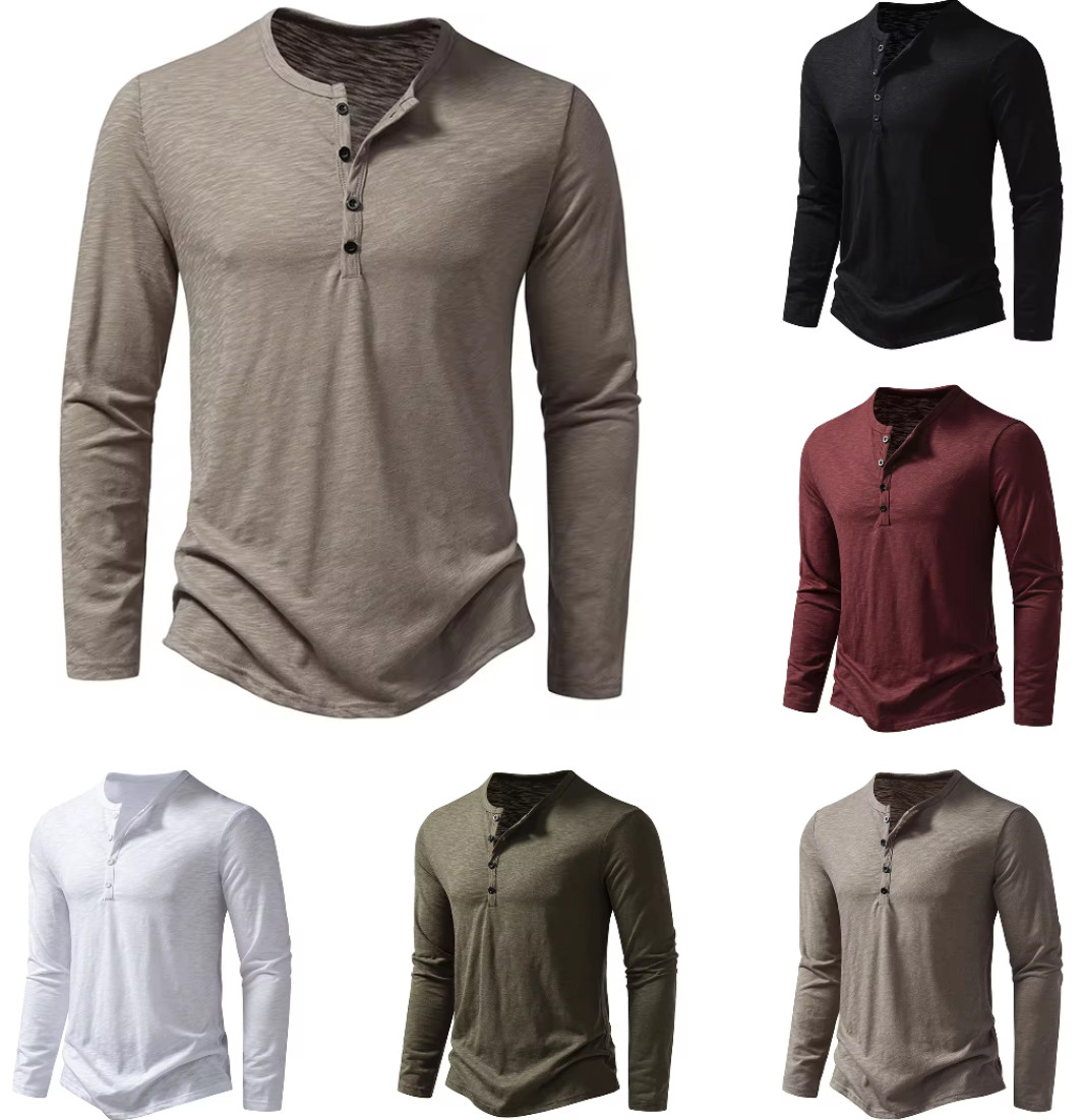 Men’s Shirt Cotton Henley Neck T-Shirts Long Sleeve Casual Button Plain 25% OFF