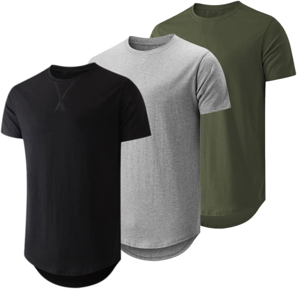 Mens 3 Pack Cotton Longline Crewneck T-Shirts Casual Hipster Fit Tee Set
