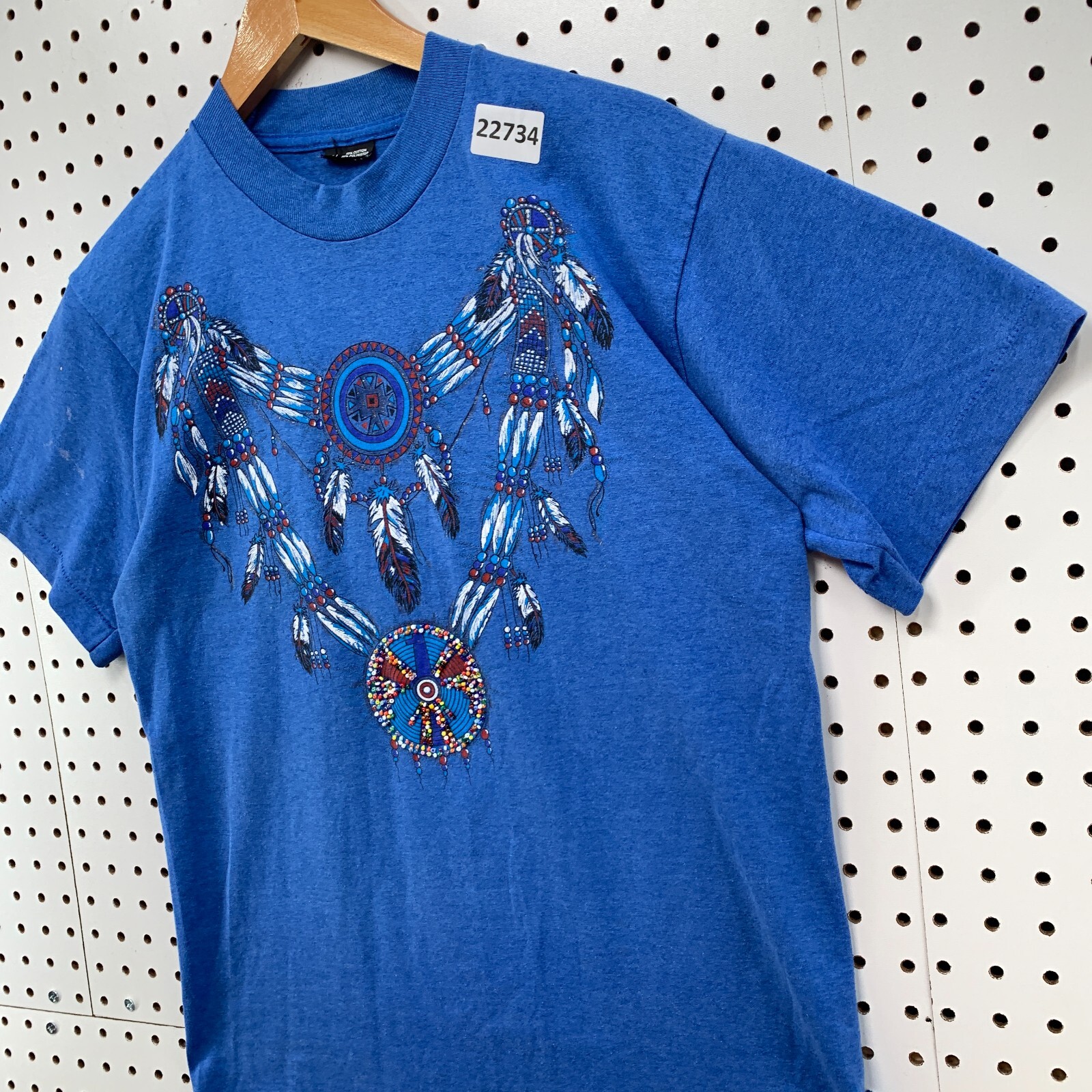Vintage 90s Indian Dream Catcher Shirt Blue Men Medium Beaded 19×27