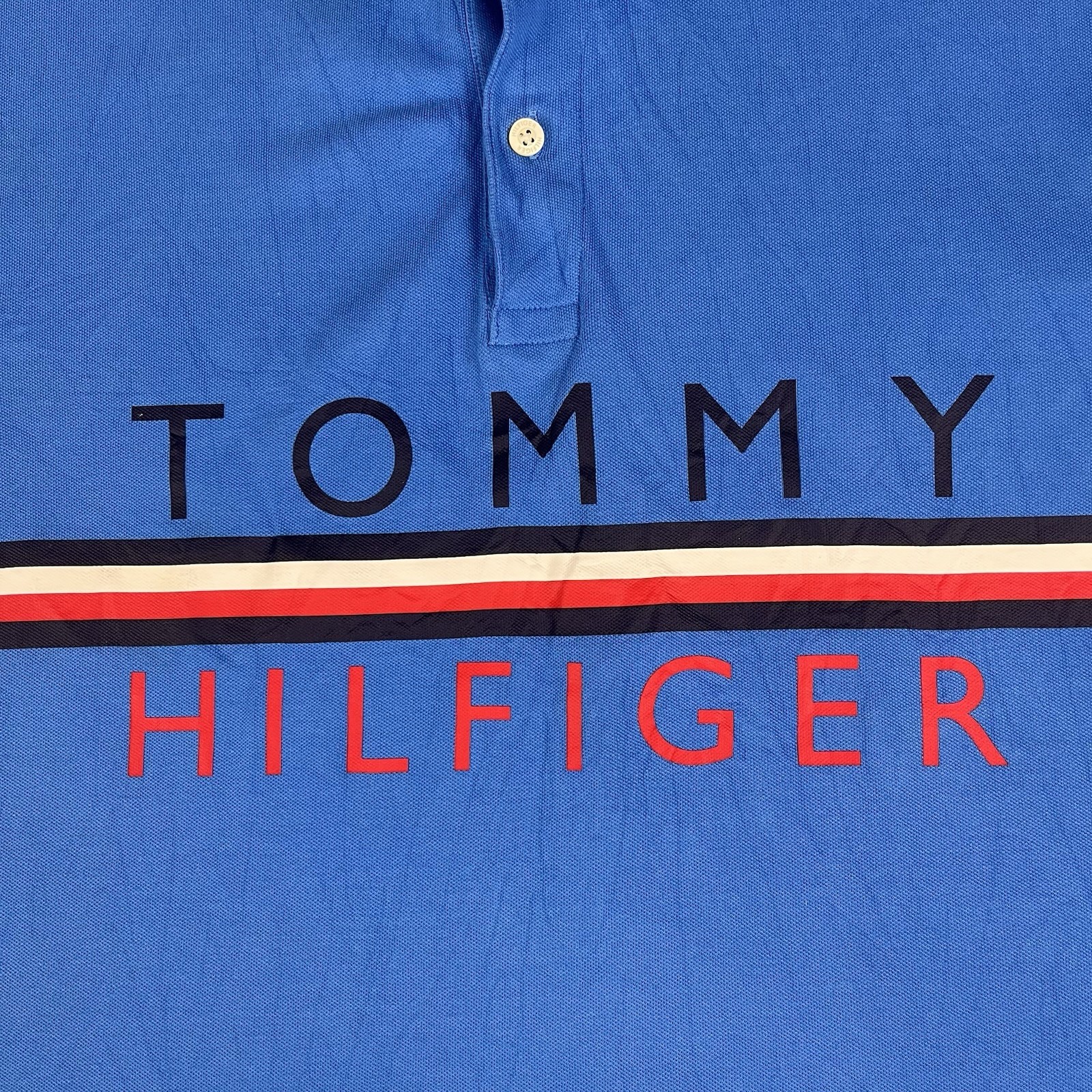 Tommy Hilfiger Blue Logo Stripe Spellout Polo Shirt Custom Fit Casual Tee XL