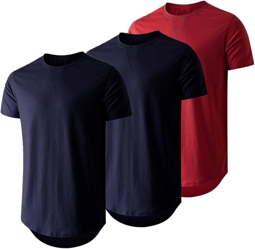 Mens 3 Pack Cotton Longline Crewneck T-Shirts Casual Hipster Fit Tee Set
