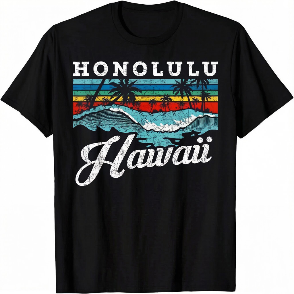 Waves Beach Honolulu Hawaiian Summer Surfing Retro Hawaii T-Shirt