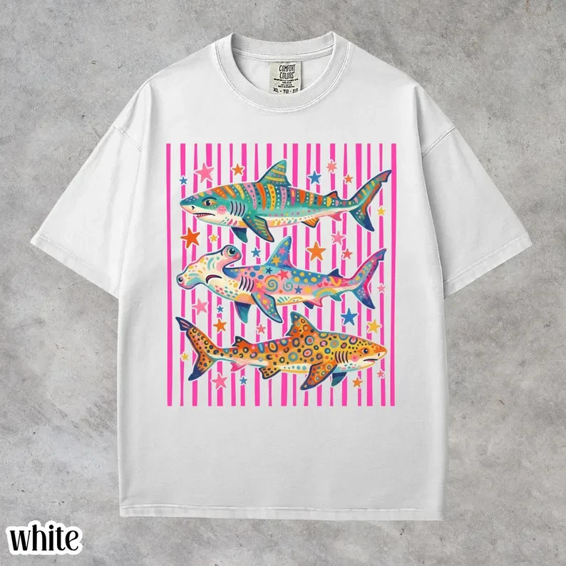 Preppy Shark Shirt Colorful Ocean Life Graphic Tee Summer Aesthetic Gift