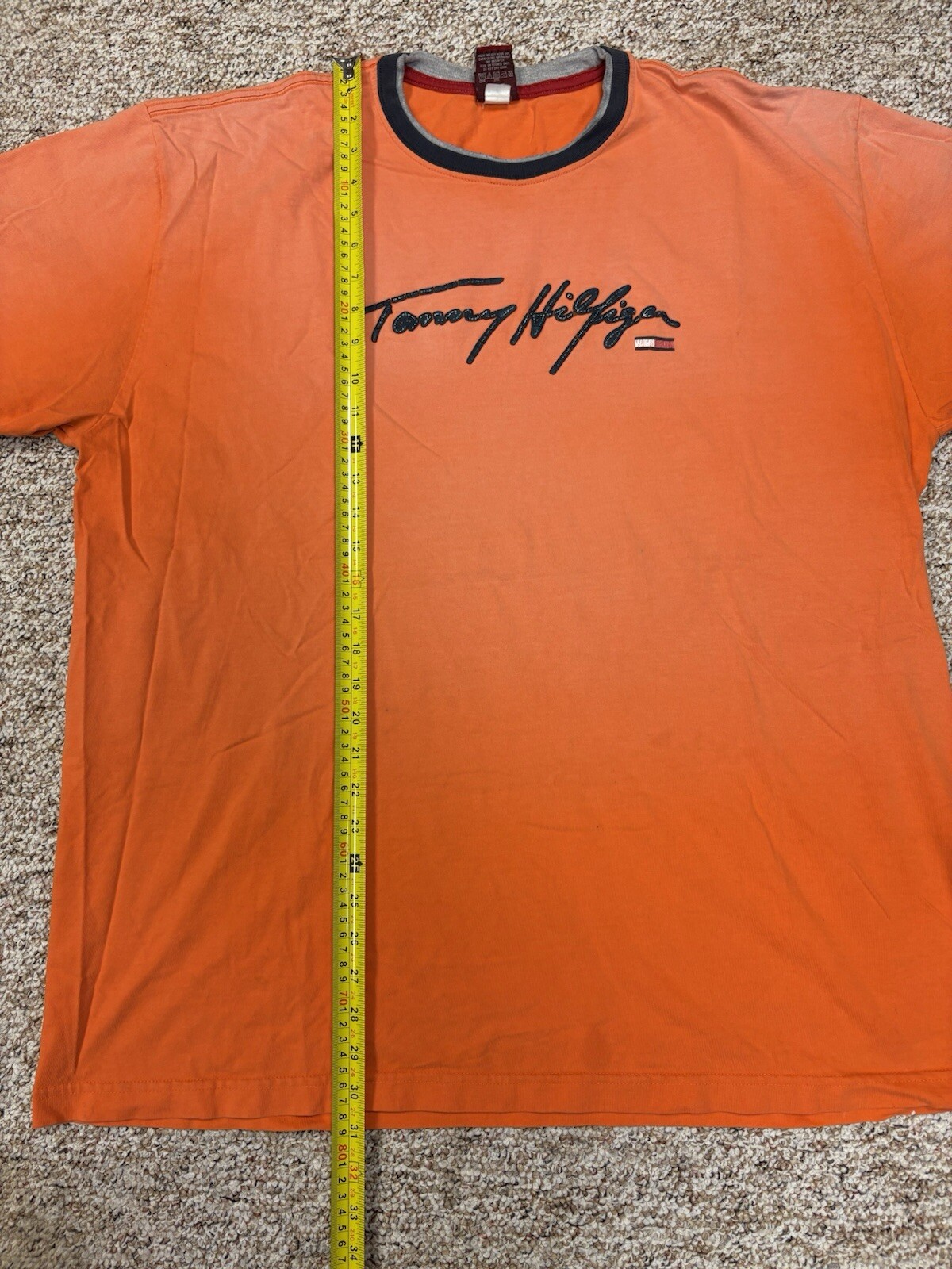 Vintage Tommy Hilfiger Denim Burnt Orange T-Shirt Raised Lettering • Size XL