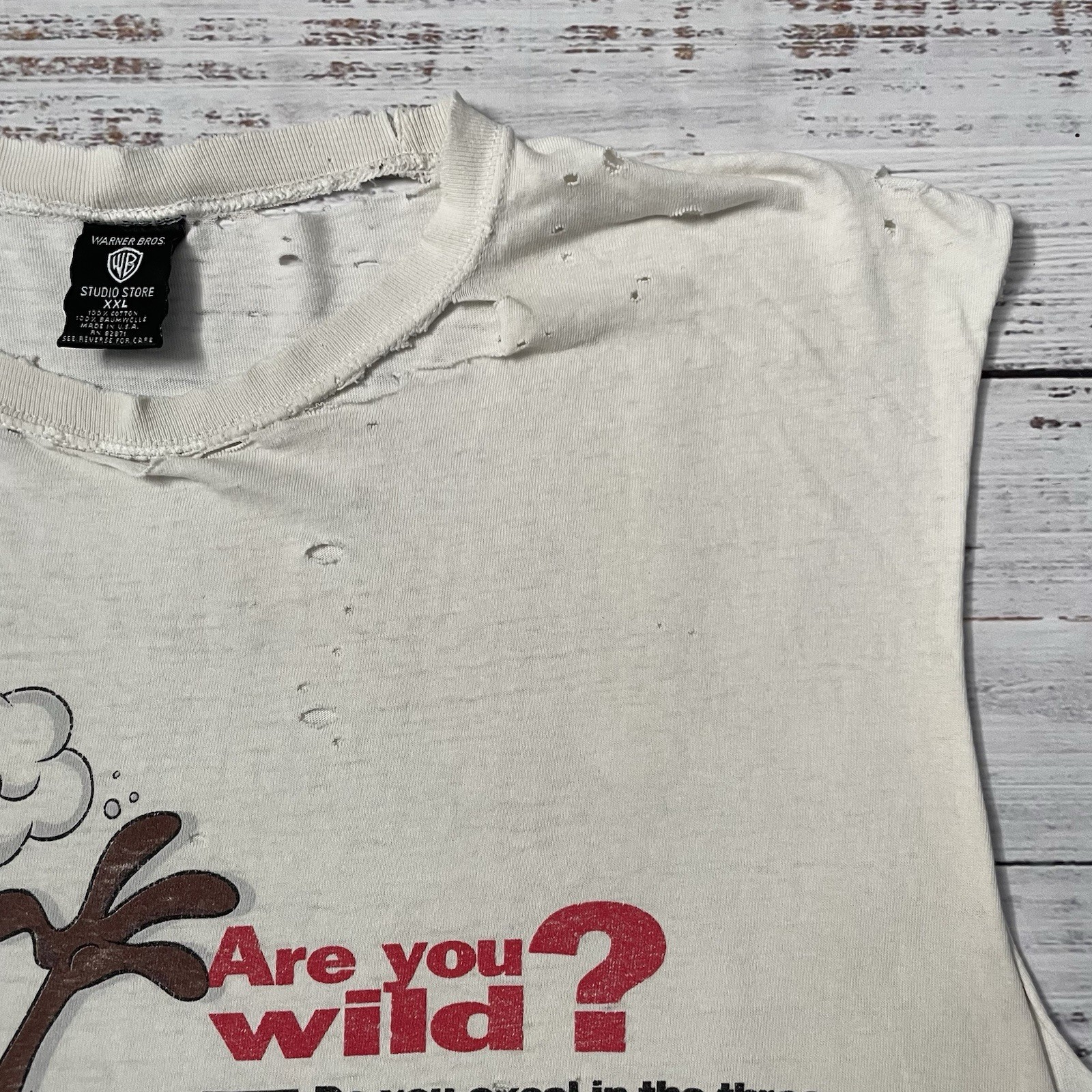 Vintage 90s Taz Looney Tunes Distressed Worn Faded Cut Off White Shirt Adult 2XL