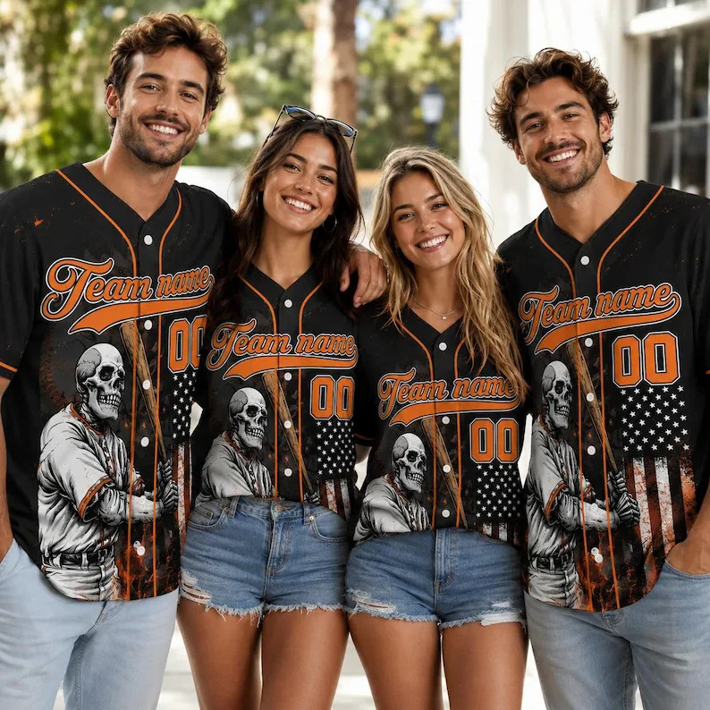 Custom Skull Baseball Player Fire Flag Jersey Personalized Name Number