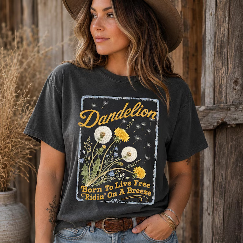 Vintage Dandelion Shirt Born To Live Free Botanical Graphic Tee Boho