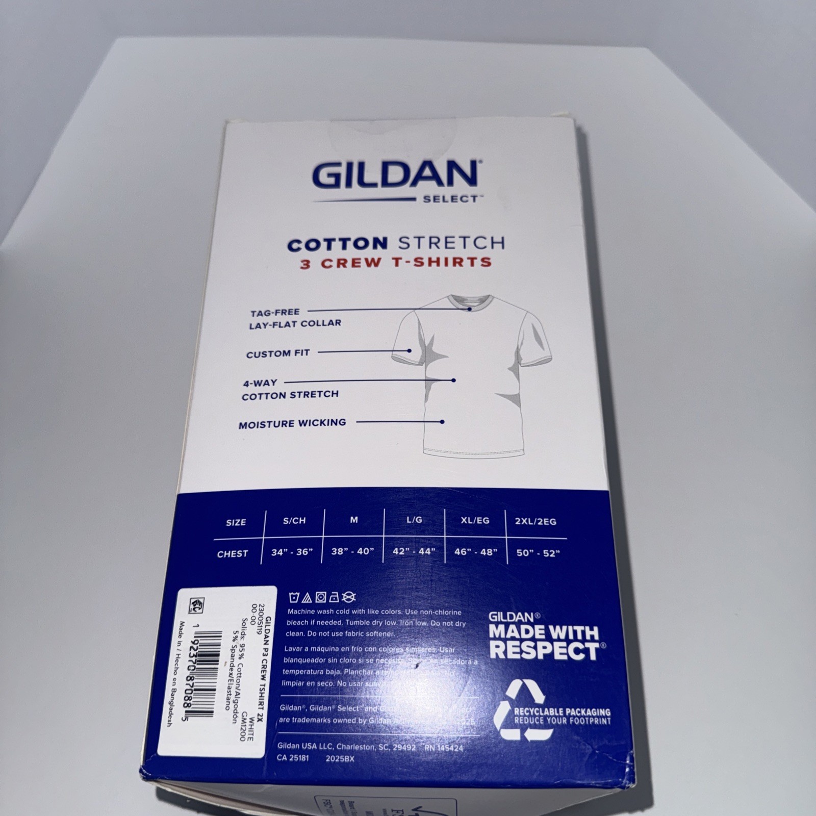 Gildan Select Men’s Crew Neck T-Shirts Stretch Tagless White 3-Pack 2XL