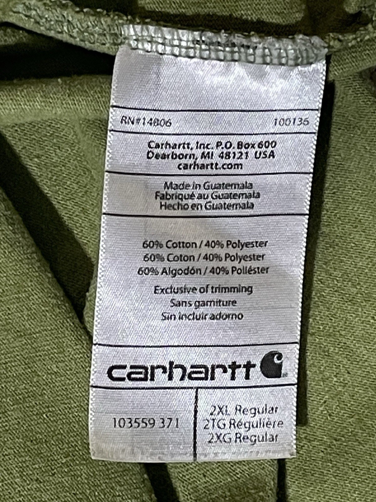 Carhartt Men’s 2XL T-Shirt Green Pocket Original Fit Crew Neck Cotton Heavyweigh