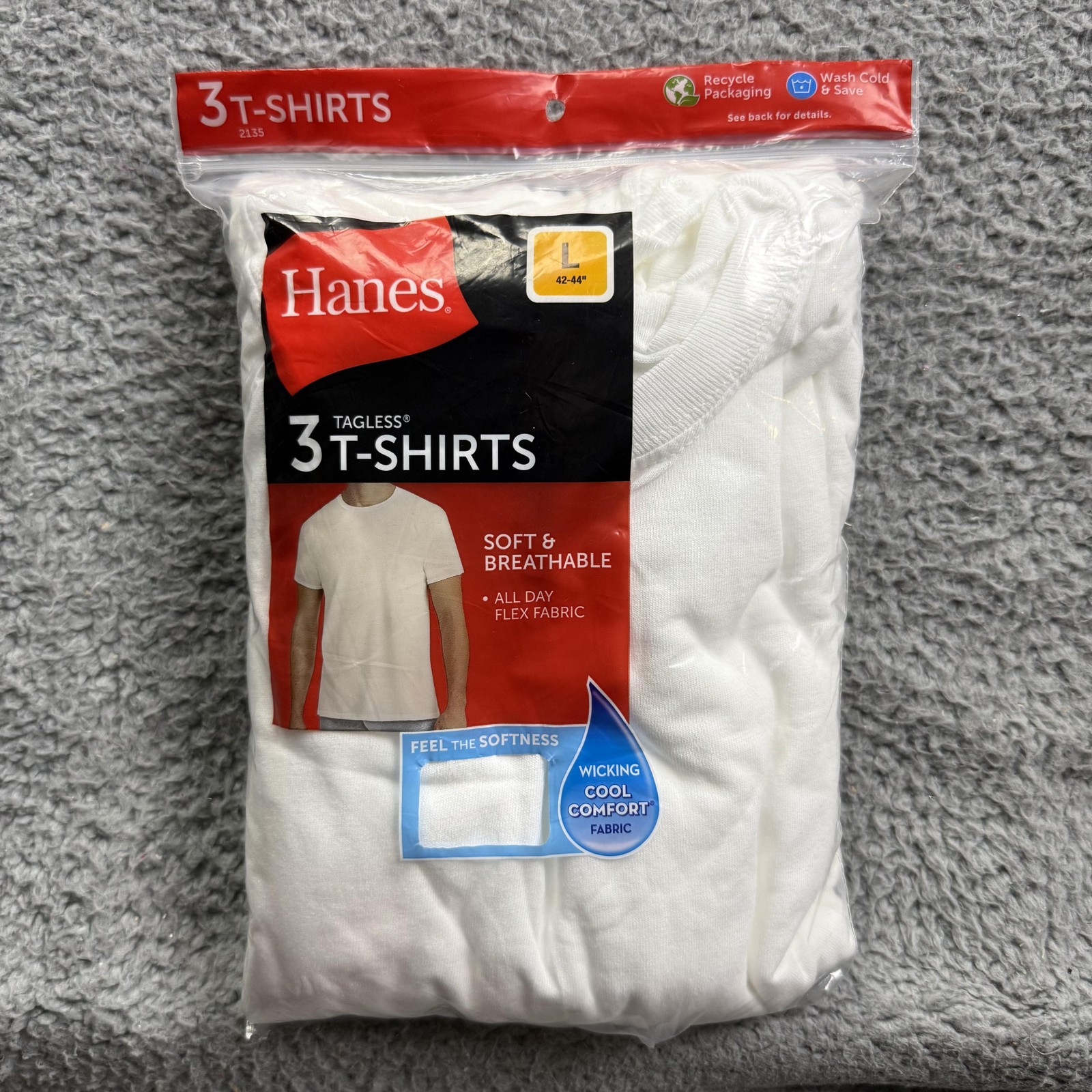 Hanes Tagless T-Shirts Mens Large White 3 Pack Soft Breathable Wicking Crew