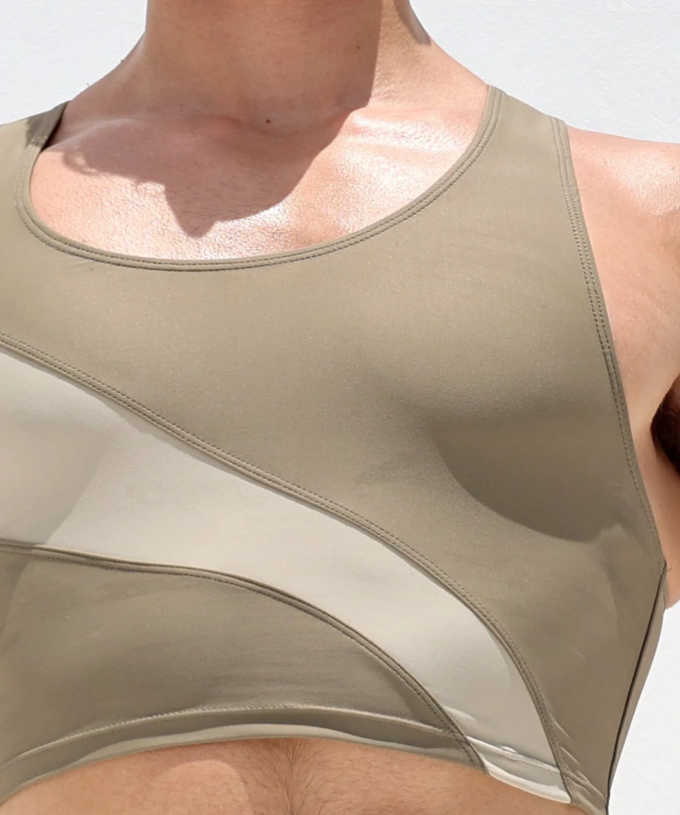 Rufskin mens Khaki Matte nylon crop top colorblock torso gym tank top size M