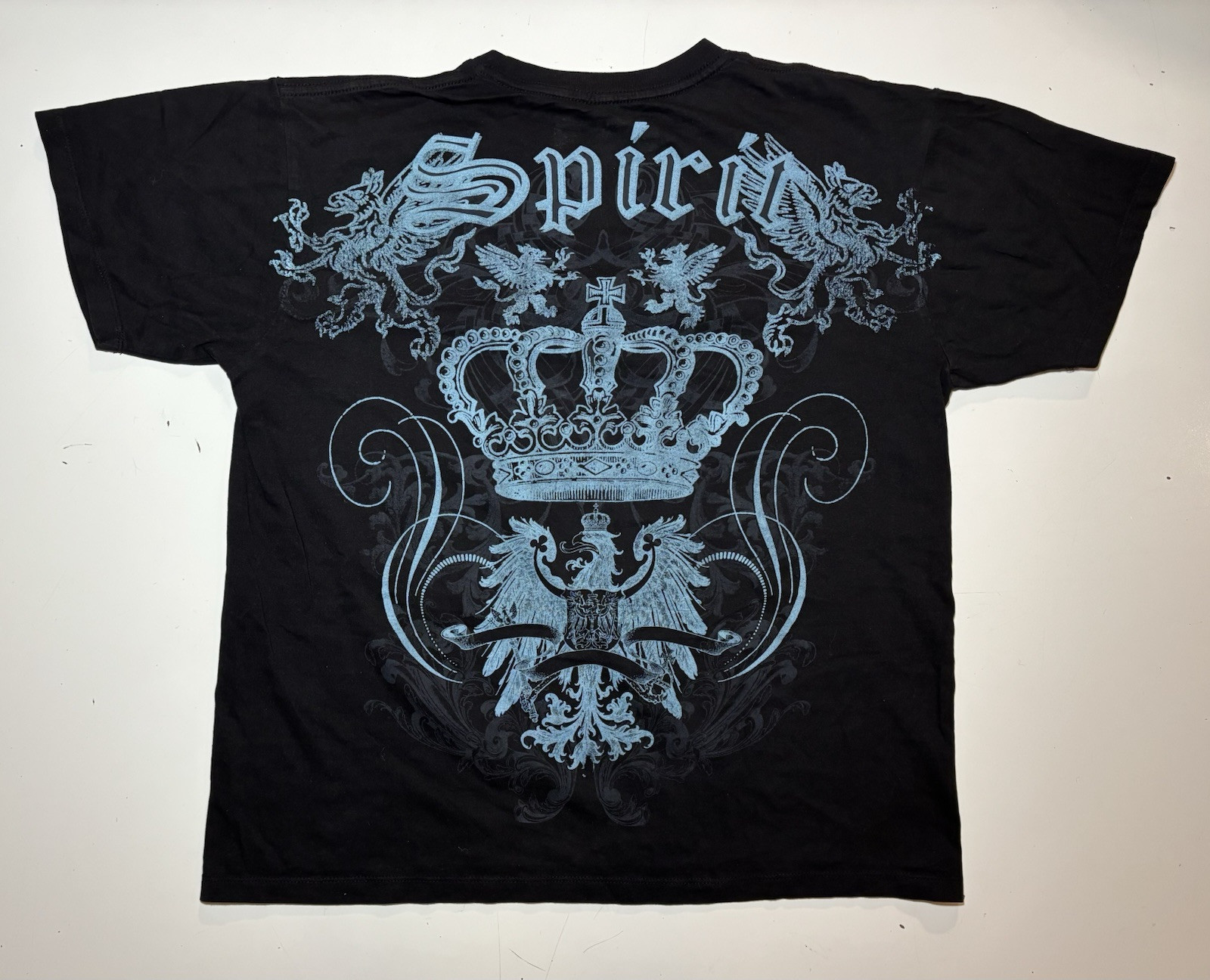Vtg Y2K Carbon Black AOP Beaded Crown Crest Eagle T Shirt S/M (read)* Cyber Goth