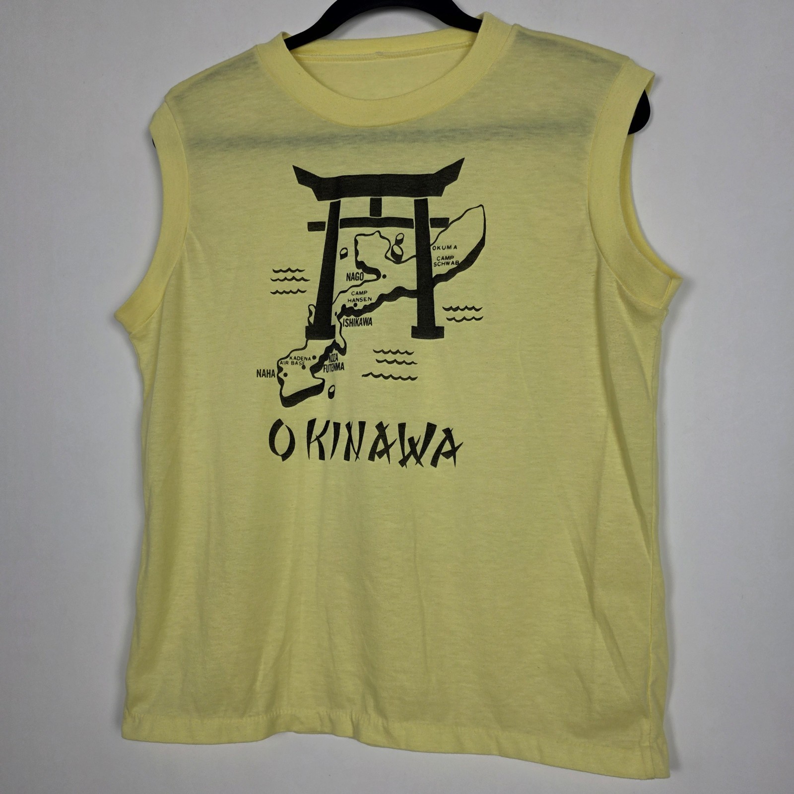 Vintage 70s Okinawa Japan Paper Thin Military Mens Small Sleeveless Yellow Shirt