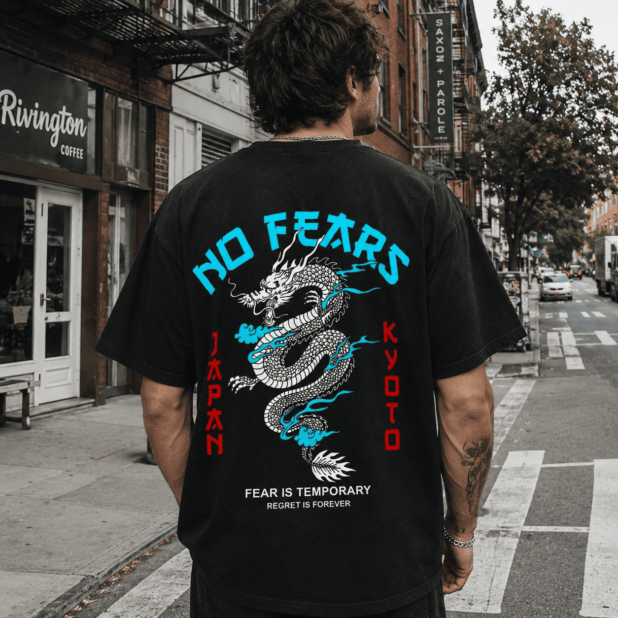 Japanese Dragon No Fears Graphic Tee – Kyoto Streetwear Back-Print Shirt