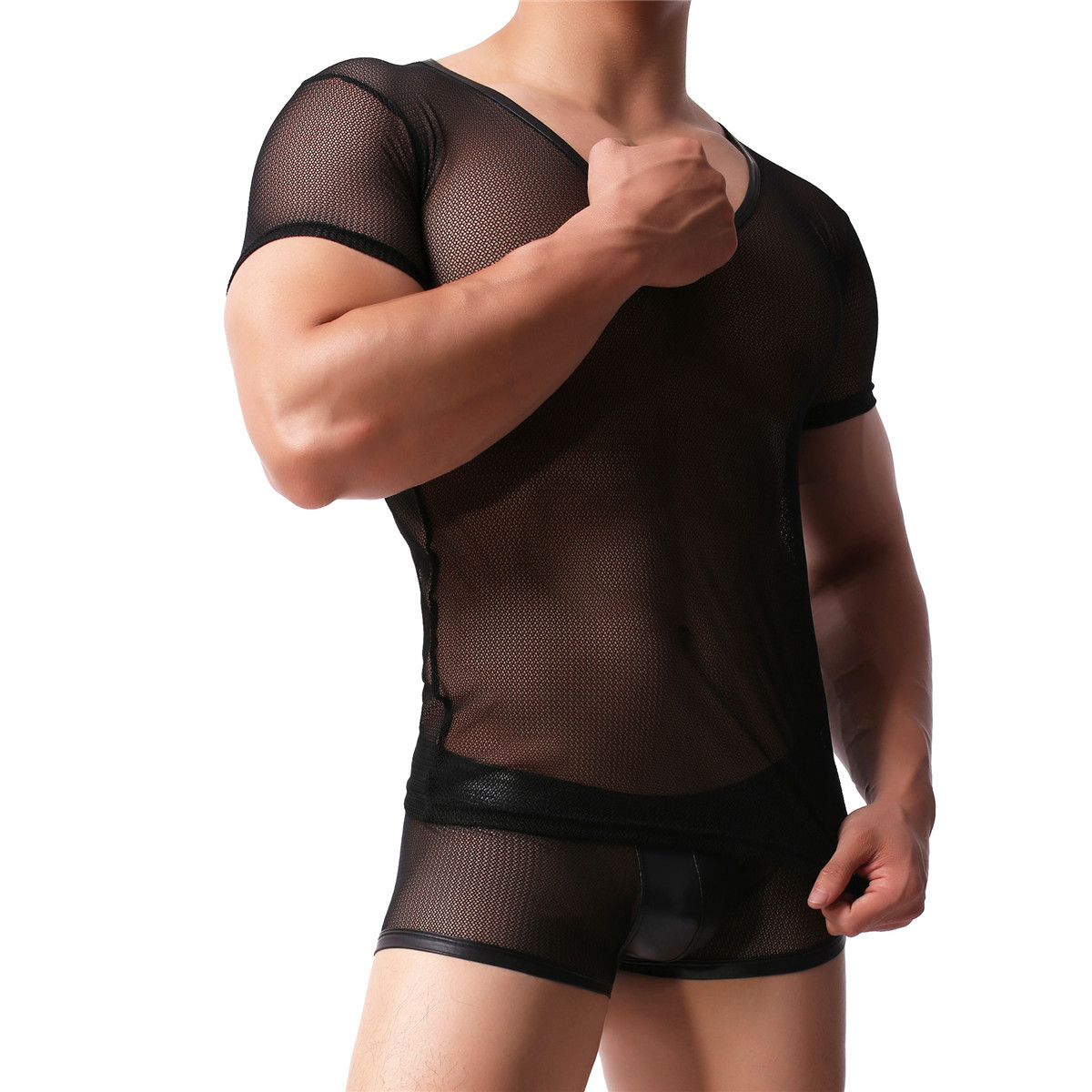 Men Mesh Transparent T-shirt Gym Training Tank Top Net Sport Sheer Boxers Shorts