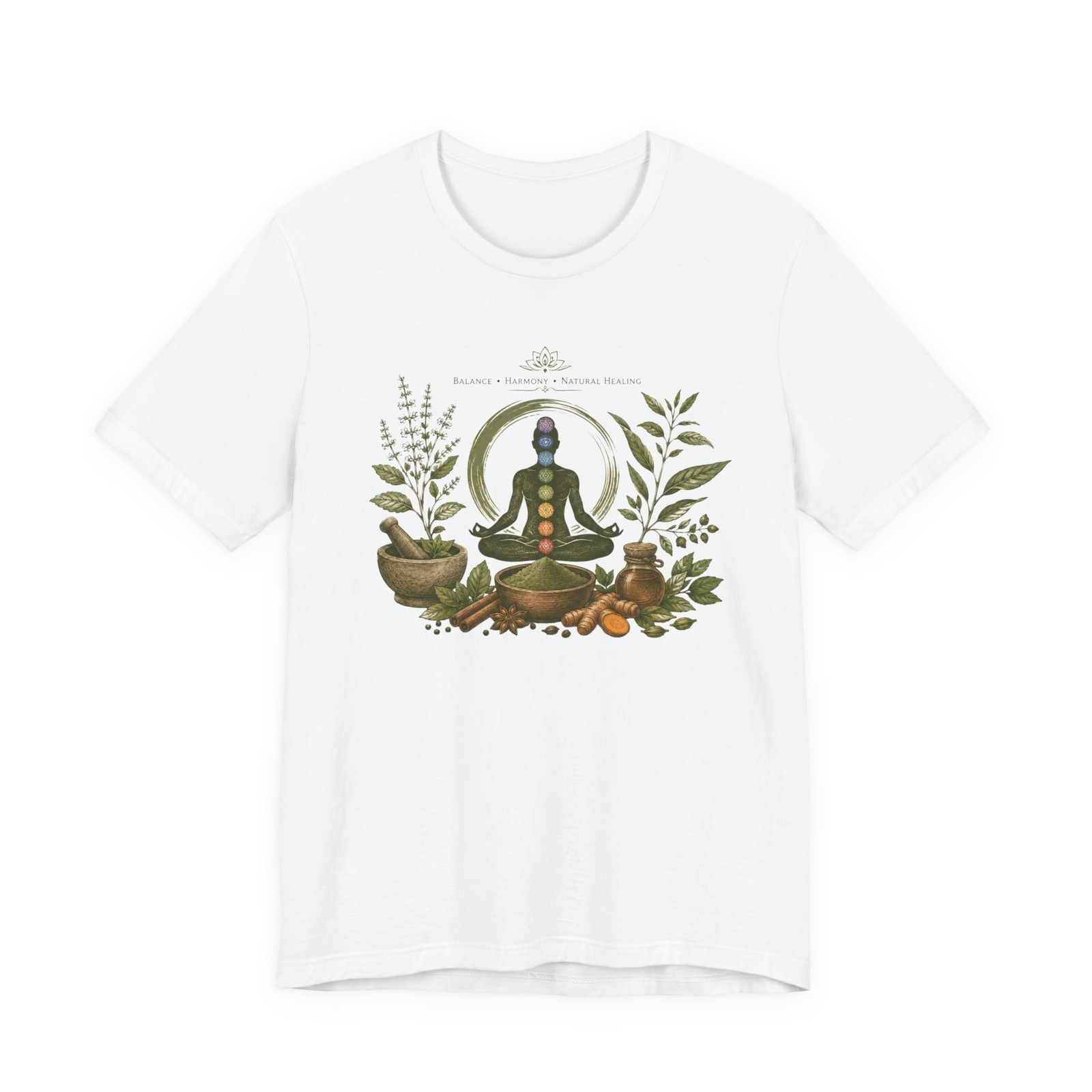 Chakra Meditation Illustration Tee | Yoga Pose, Herbs & Bowls