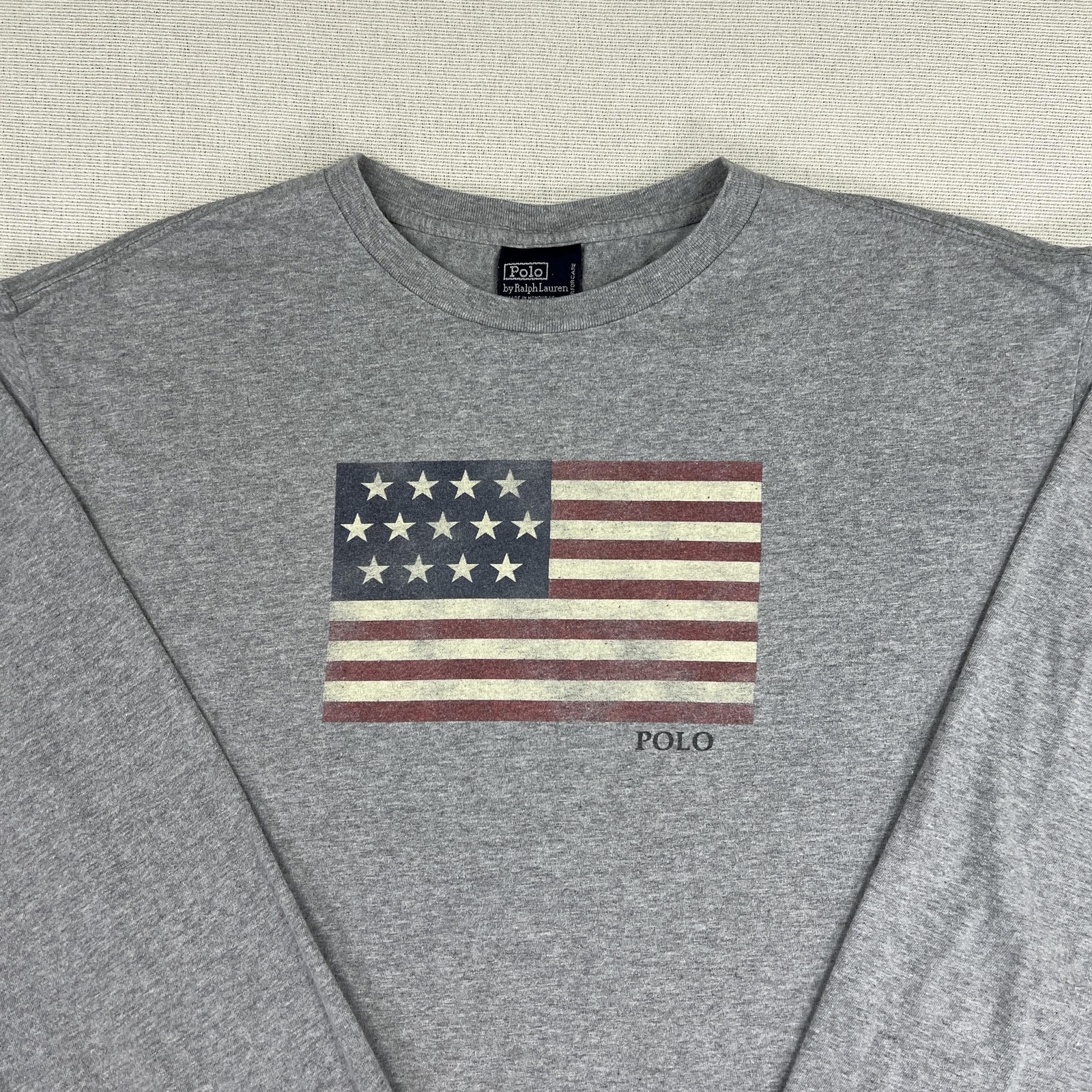 Polo By Ralph Lauren Shirt Mens Large Gray Long Sleeve USA Flag Graphic Tee