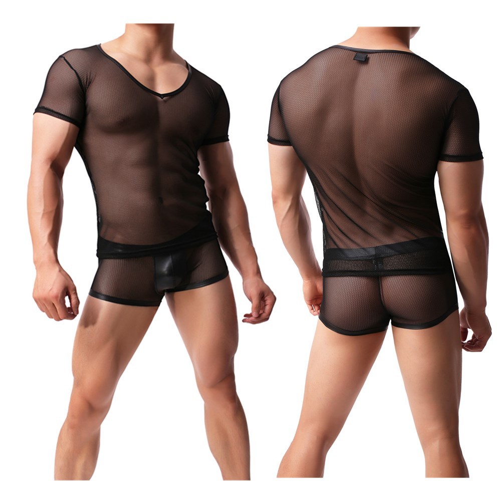 Mens Mesh T-shirt Gym Training Tank Top Fish Net Sheer Sexy Boxers Shorts M L XL