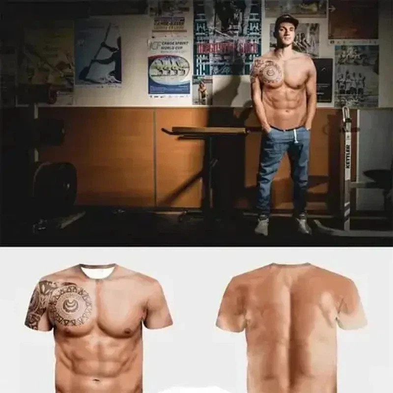 Muscle 3D T-shirt Muscle Tattoo Print T-shirt For Summer Beach Holiday Men Short